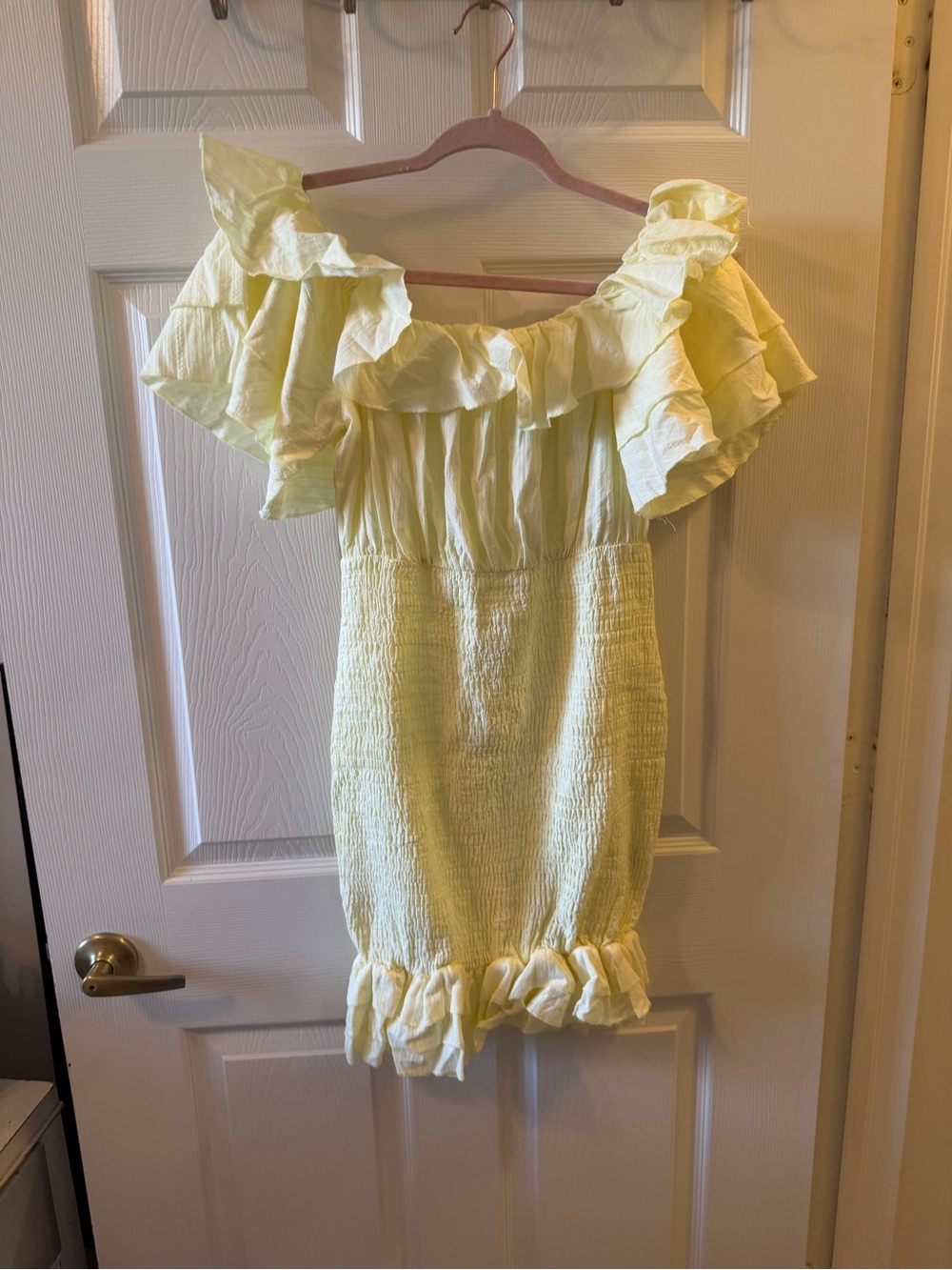 Off-Shoulder Ruffle Mini Dress in Pale Yellow